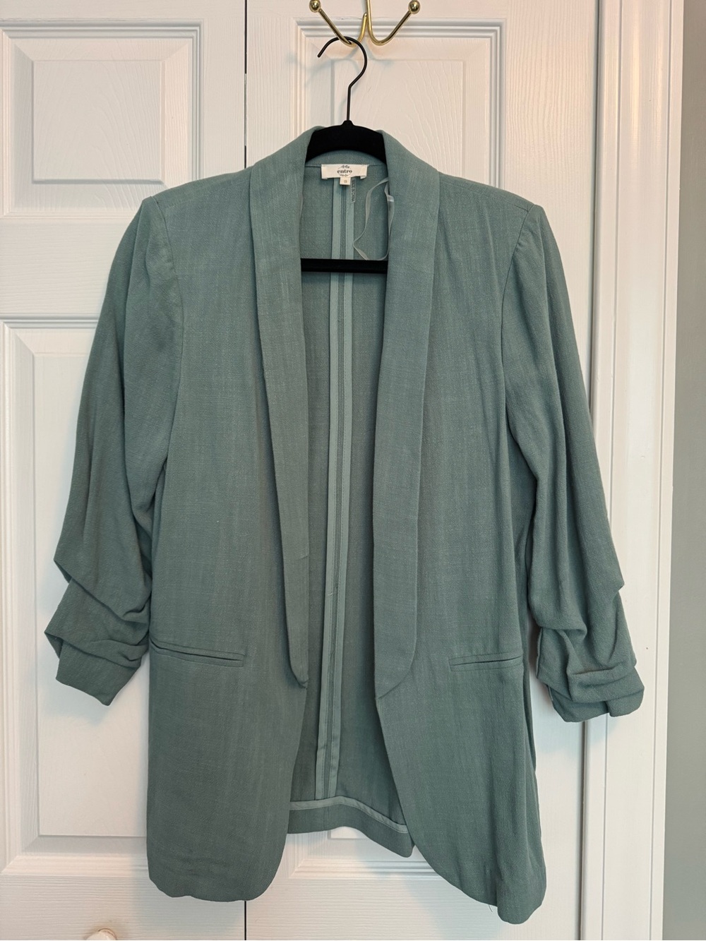 entro Sage Green Open-Front Women's Blazer with Ruched Sleeves